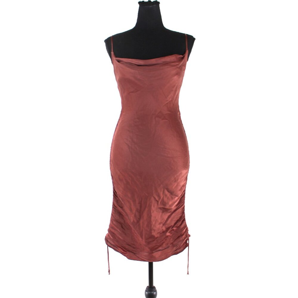 Wilfred Davina Brown Satin Side Ruched Adjustable Length Slip Dress XS Aritzia